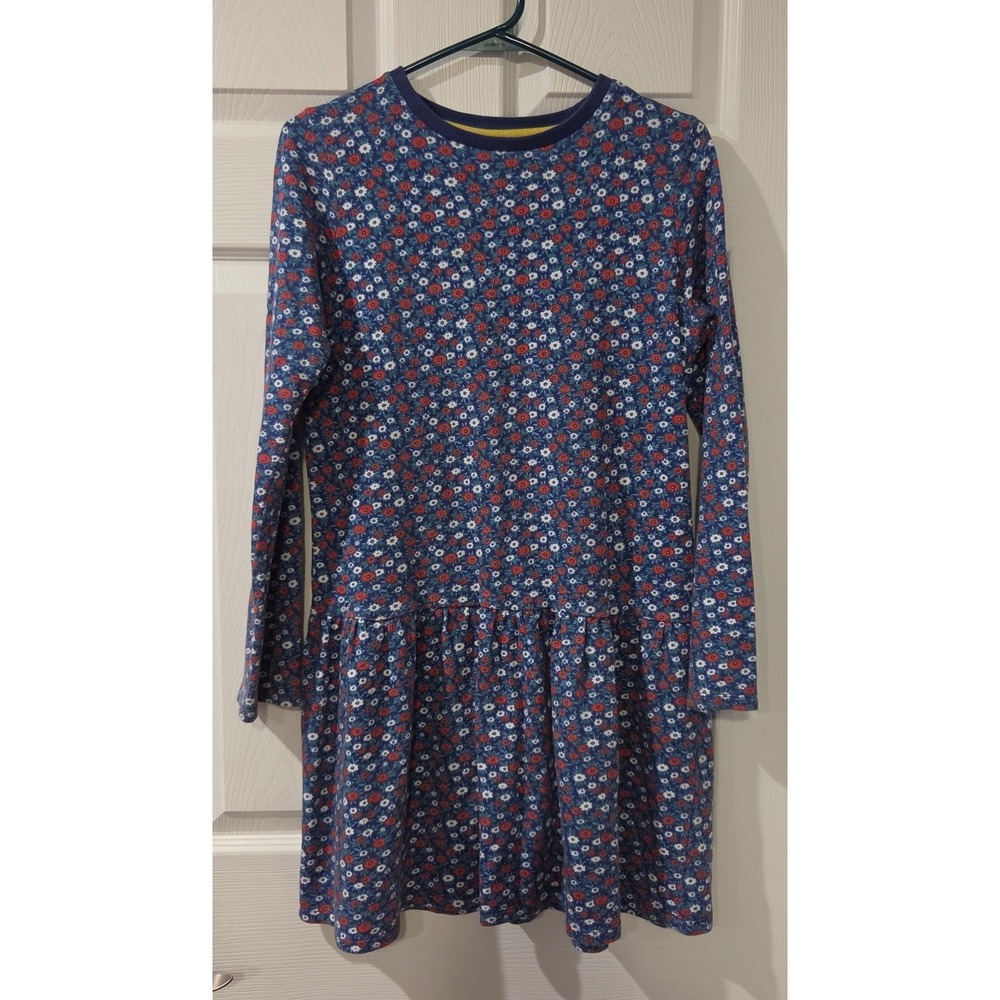 Boden Girls Floral Drop Waist Dress Blue Cotton Long Sleeve Size 13-14 Y‎
